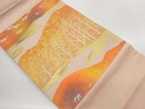 霞に木々・笹模様織出し名古屋帯